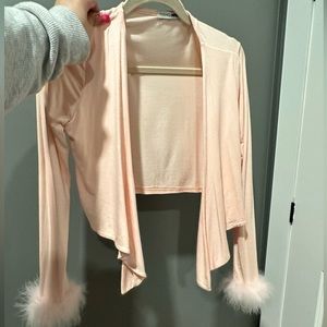 FashionNova Pink Fur Sleeve Front Tie Crop Top size S